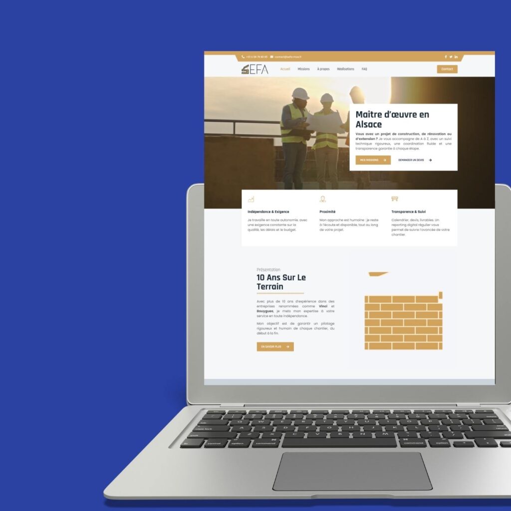 site WordPress vitrine créé pour un maître d’œuvre indépendant, avec une interface moderne et responsive adaptée au secteur du bâtiment et de l’architecture d’intérieur