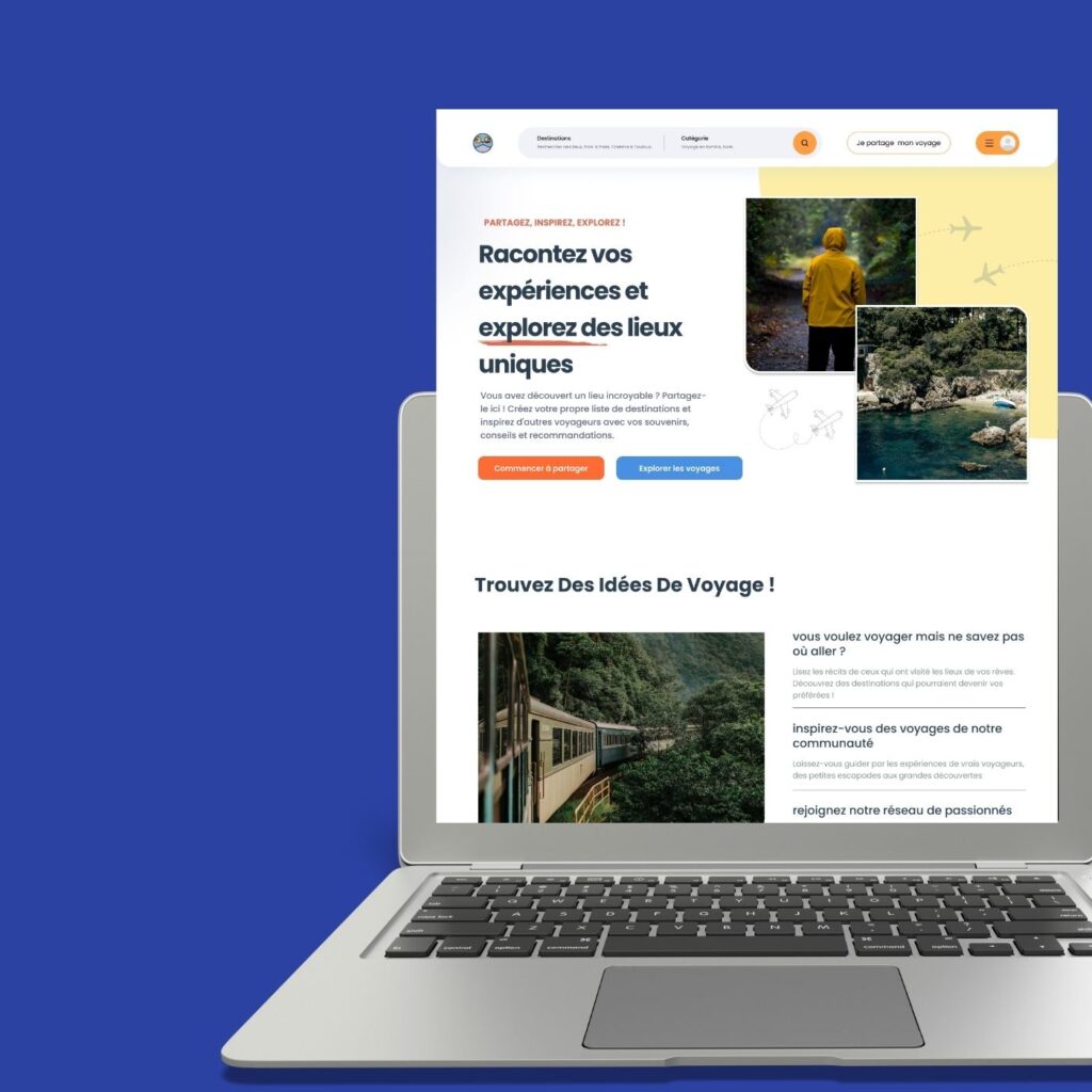 Maquette Figma de la page d’accueil « What To Do In » avec palette de couleurs bleu et turquoise, typographies Playfair Display et Poppins, et illustrations de destinations.