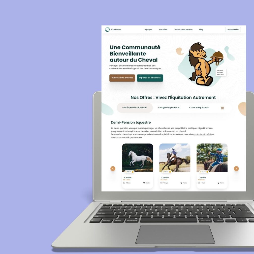 Maquette UI de la page d’accueil du site Cavalons.fr, plateforme équestre éthique, conçue sur Figma avec design responsive et nouvelle charte graphique