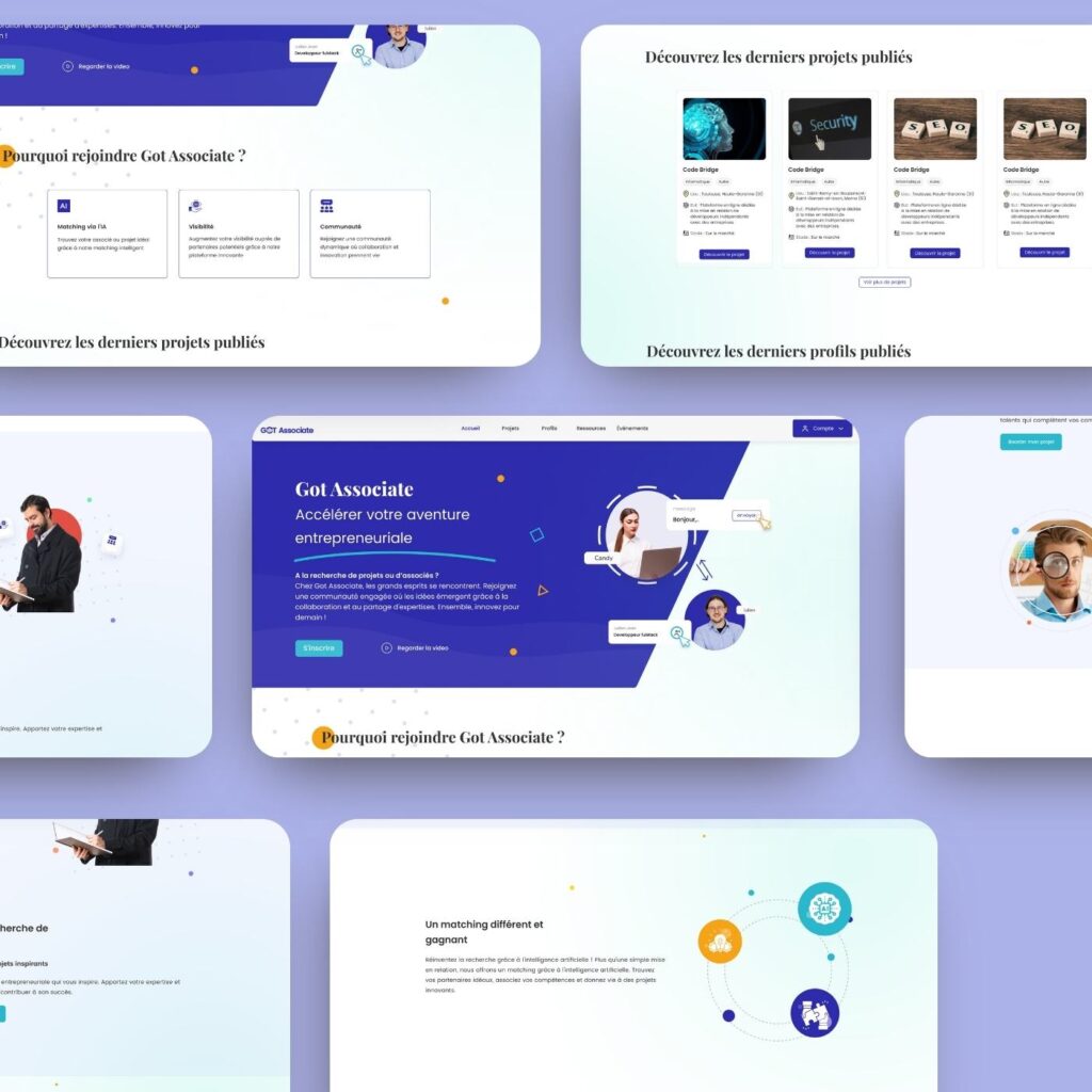 Maquette desktop Figma pour un site de mise en relation entre professionnels plateforme GOT Associate avec design UX UI moderne
