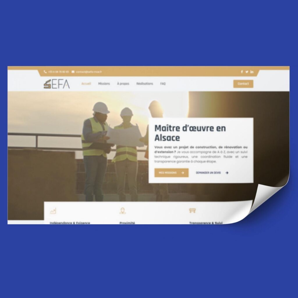 site WordPress vitrine créé pour un maître d’œuvre indépendant, avec une interface moderne et responsive adaptée au secteur du bâtiment et de l’architecture d’intérieur