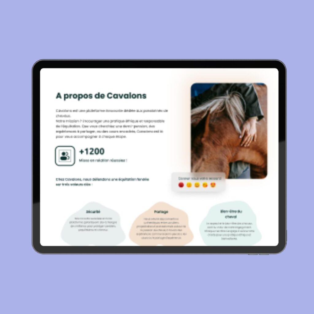 Maquette UI de la page d’accueil du site Cavalons.fr, plateforme équestre éthique, conçue sur Figma avec design responsive et nouvelle charte graphique