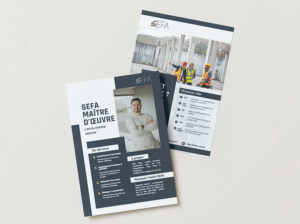 Design du flyer professionnel pour un maître d’œuvre, incluant logo, couleurs et typographies cohérentes avec la charte graphique