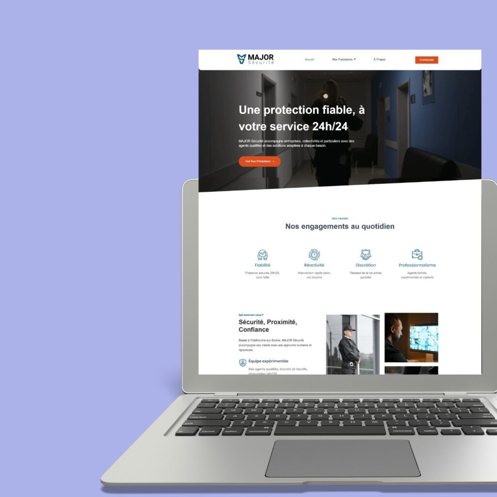 Création du logo, carte de visite et site web WordPress pour une entreprise de sécurité privée – identité visuelle sobre et professionnelle signée Graphiba.