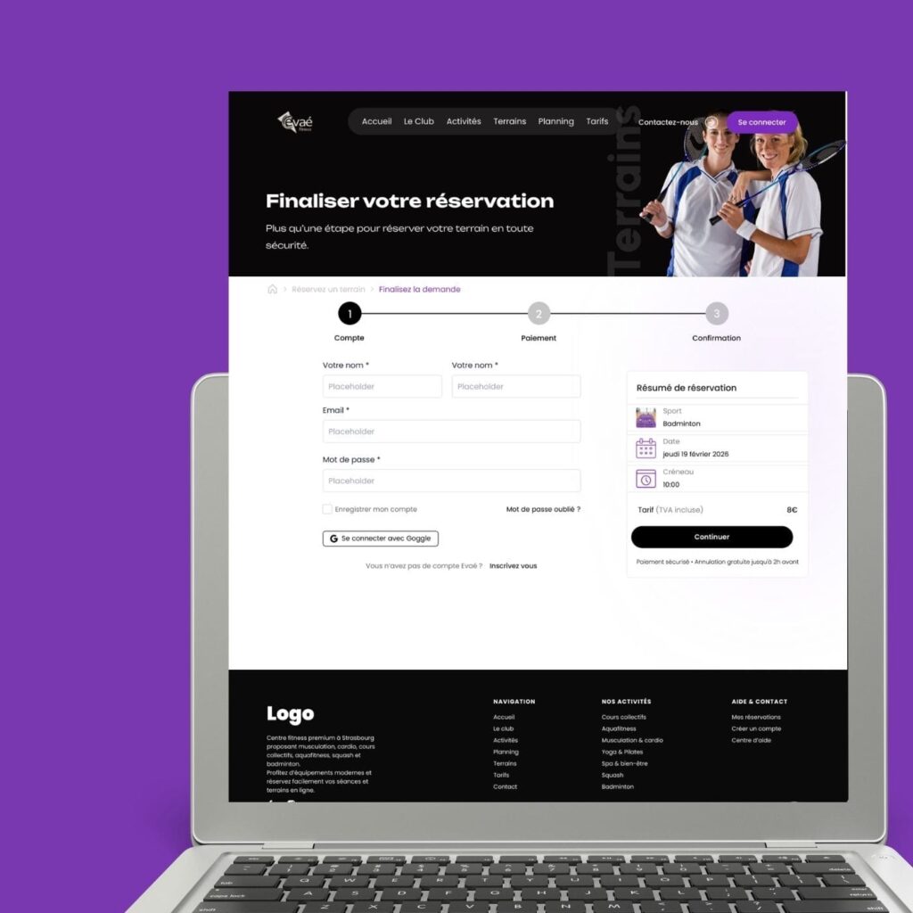 Maquette UX UI modernisée page d’accueil EVAÉ Fitness